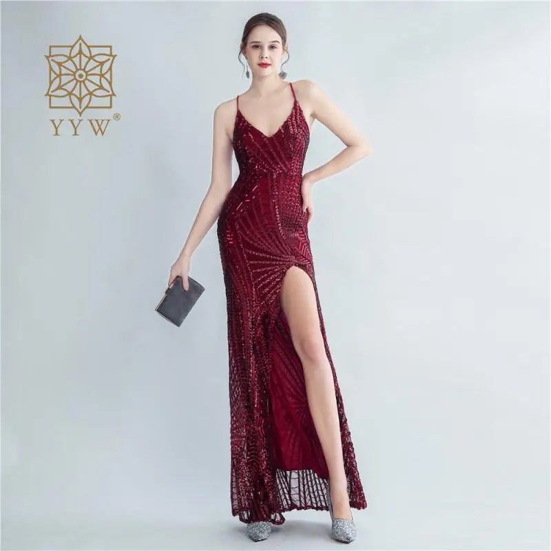 Backless Sexy Adjust Spaghetti Strap Women Mermaid Dress Evening Sequin Maxi Gala Gowns Celebration Formal Banquet Robe Wedding