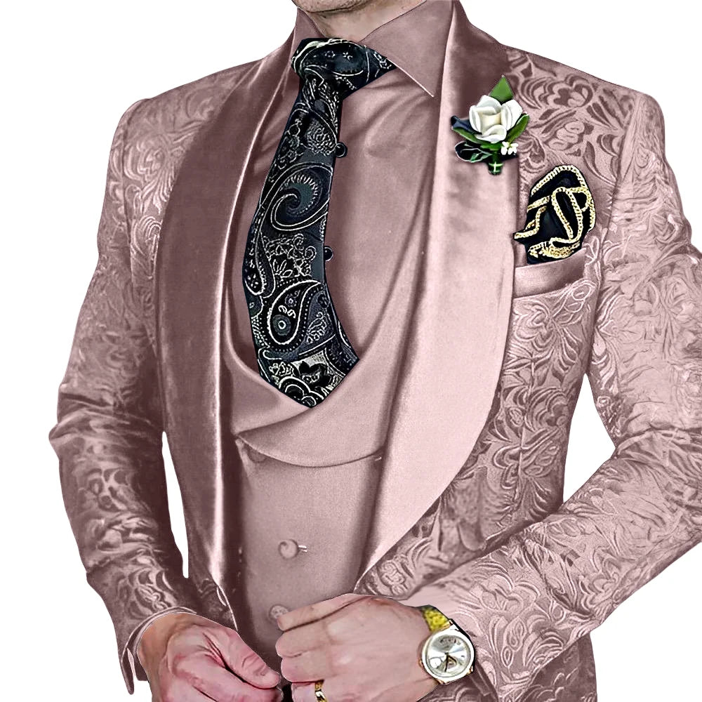 DMDRS | Jacquard Men's 3-piece Suit Set Formal Party Dress Groom's Tuxedo High Quality Elegant Men's Customized Outfit