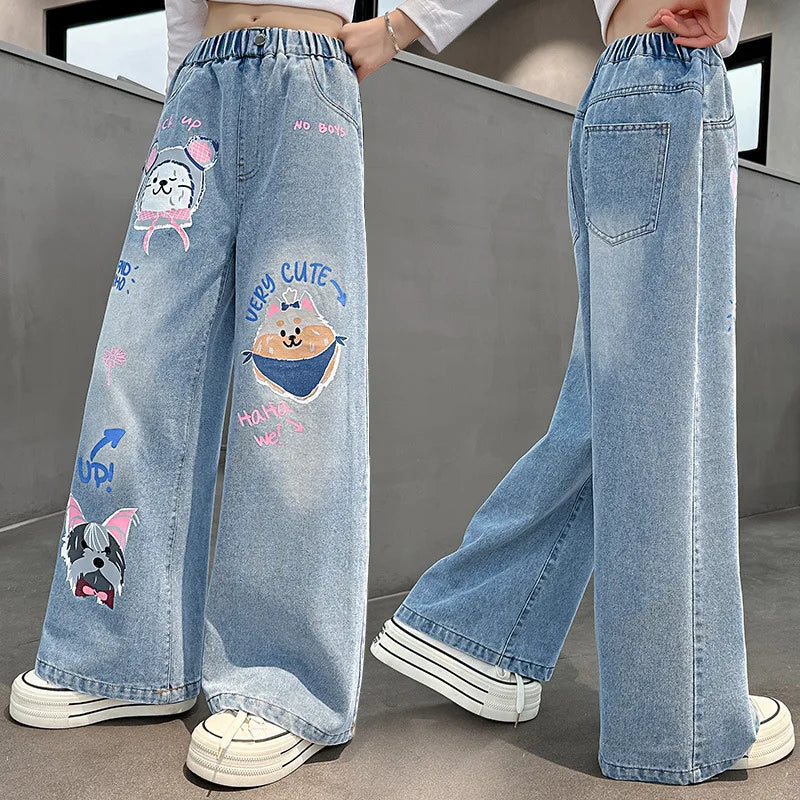 2024 Cartoon Fashion Pattern Jeans for Girl Loose Straight Denim Pants Lovely Print Kids Spring Autumn Korea Style Long Trousers