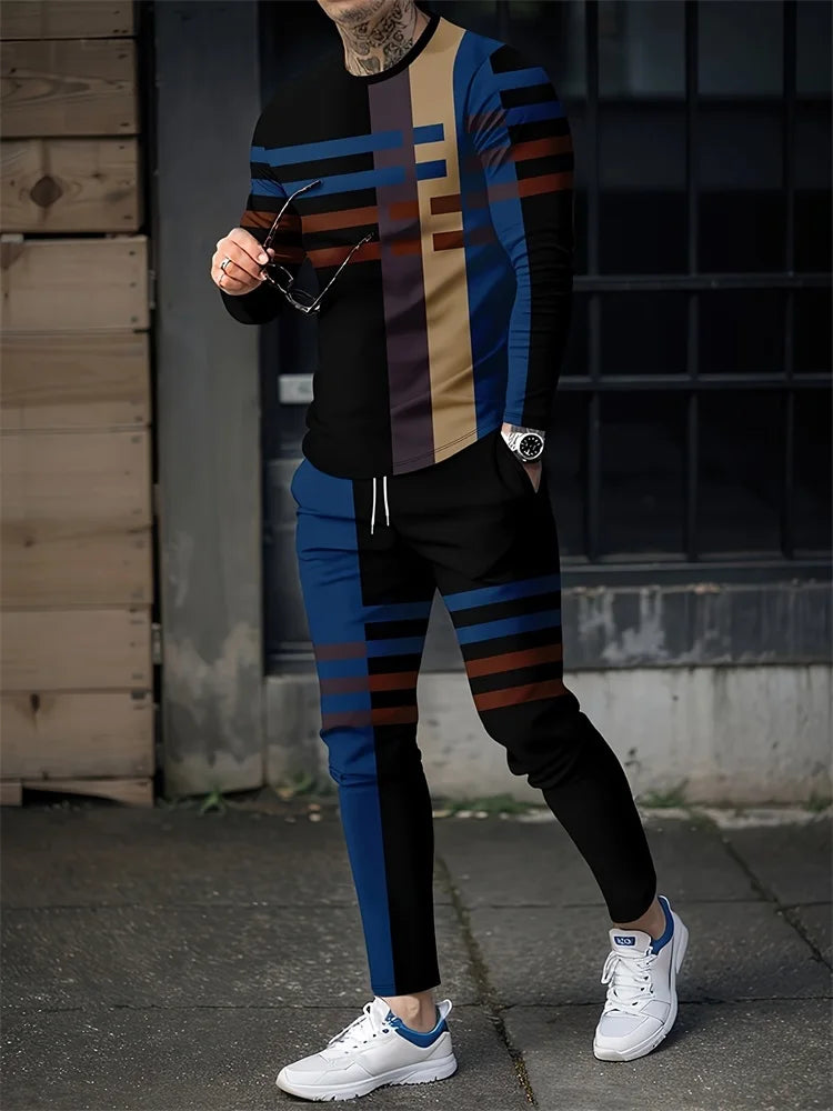 Spring And Fall Men's Long Sleeve Pant Sets Red And Blue Striped Printed Men's Set Everyday Fashion Men's Long Sleeve T-shirt