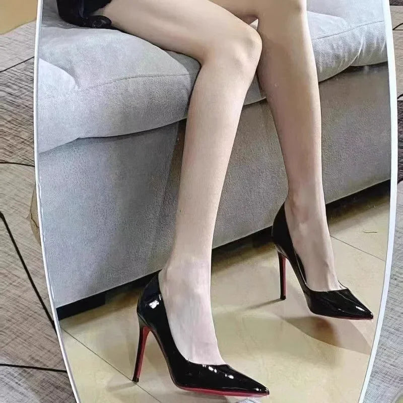 Black Patent Leather Pointed Toe Red Rubber Sole Women's High Heels Party Shoes Sexy Women's Dress Stilettos 2025