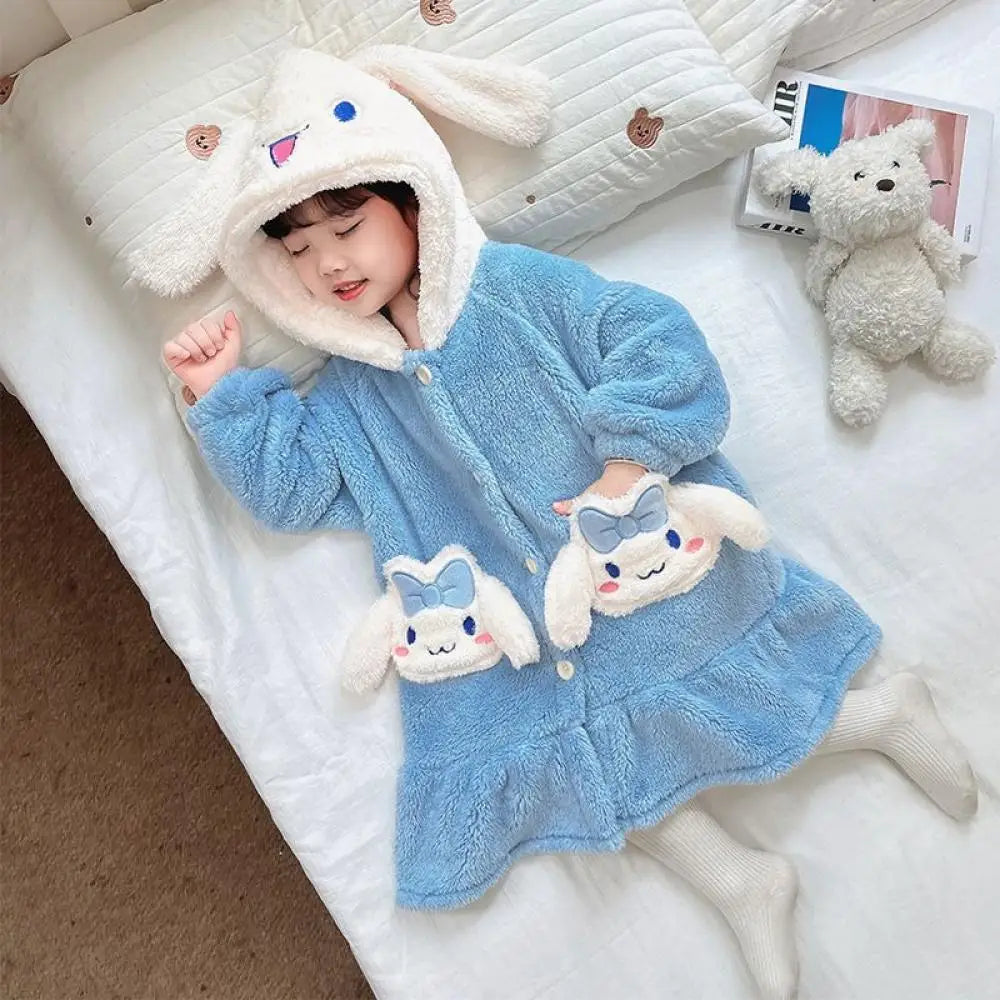 Sanrio Hello Kitty Girls Pajamas Flannel Homewear Kawaii Cinnamoroll Autumn Winter Kids Loungewear Nightdress Sleepwear Robes