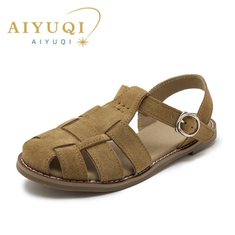 AIYUQI Flat-soled Retro Genuine Leather Hollow Baotou Sandals Women's 2024 New Hollow Pig Cage Women's Sandals