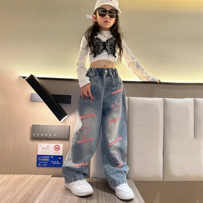 Girls School Wide Leg Pants with Heart Star Design Casual Loose 2024 Kids Fashion Long Jeans Children Korean Style Trousers