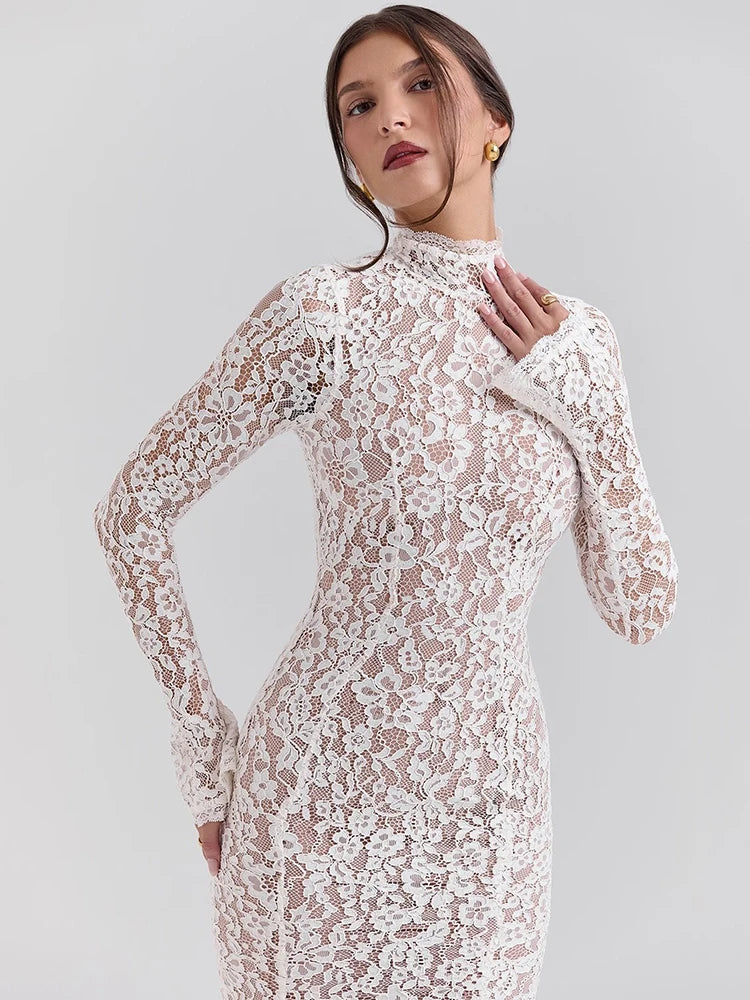 Mozision Lace Long Sleeve Sexy Midi Dress For Women Elegant White Half High Collar High Waist Bodycon Club Party Sexy Long Dress