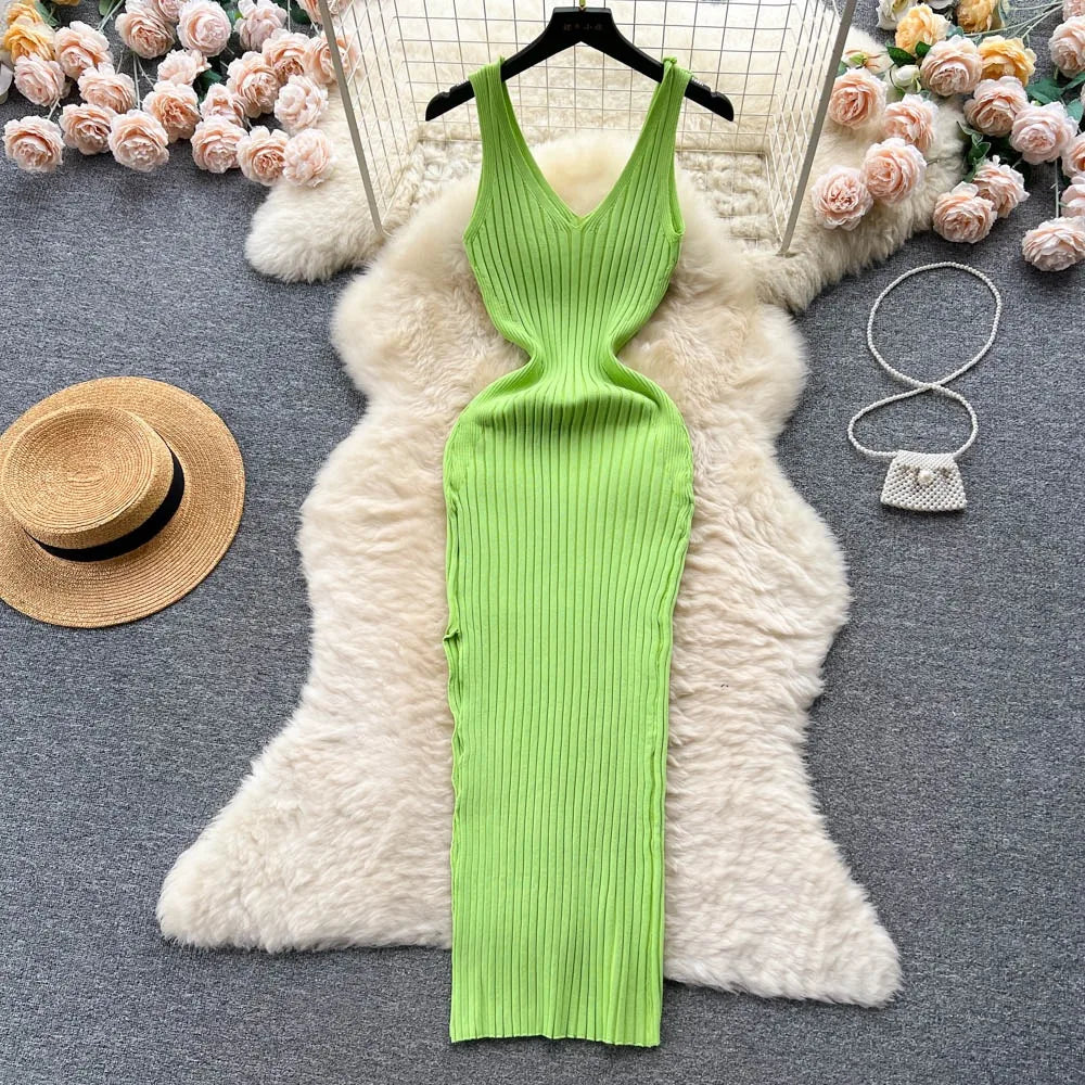 Women V Neck Solid Ribben Knitted Dresses Casual All Match Slimple Sexy Package Hips Bodycon Dress Elegant Vestidos Streetwear