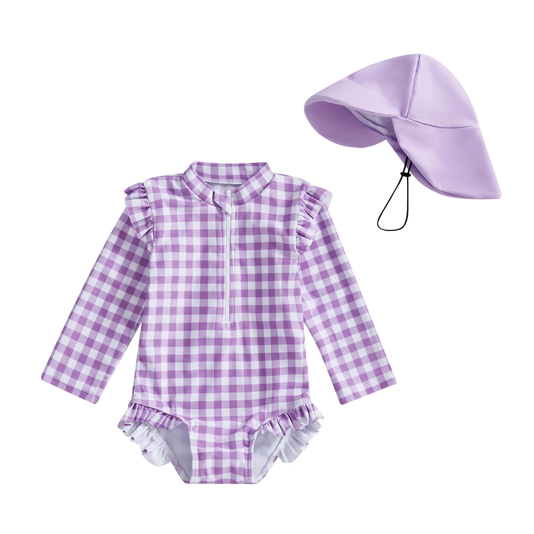 MISOWMNJOY Plaid Print New Girls Swimwear Summer Kids Swimsuit with Hat Zip Up Long Sleeve Crew Neck Baby Girls Swimming Suit