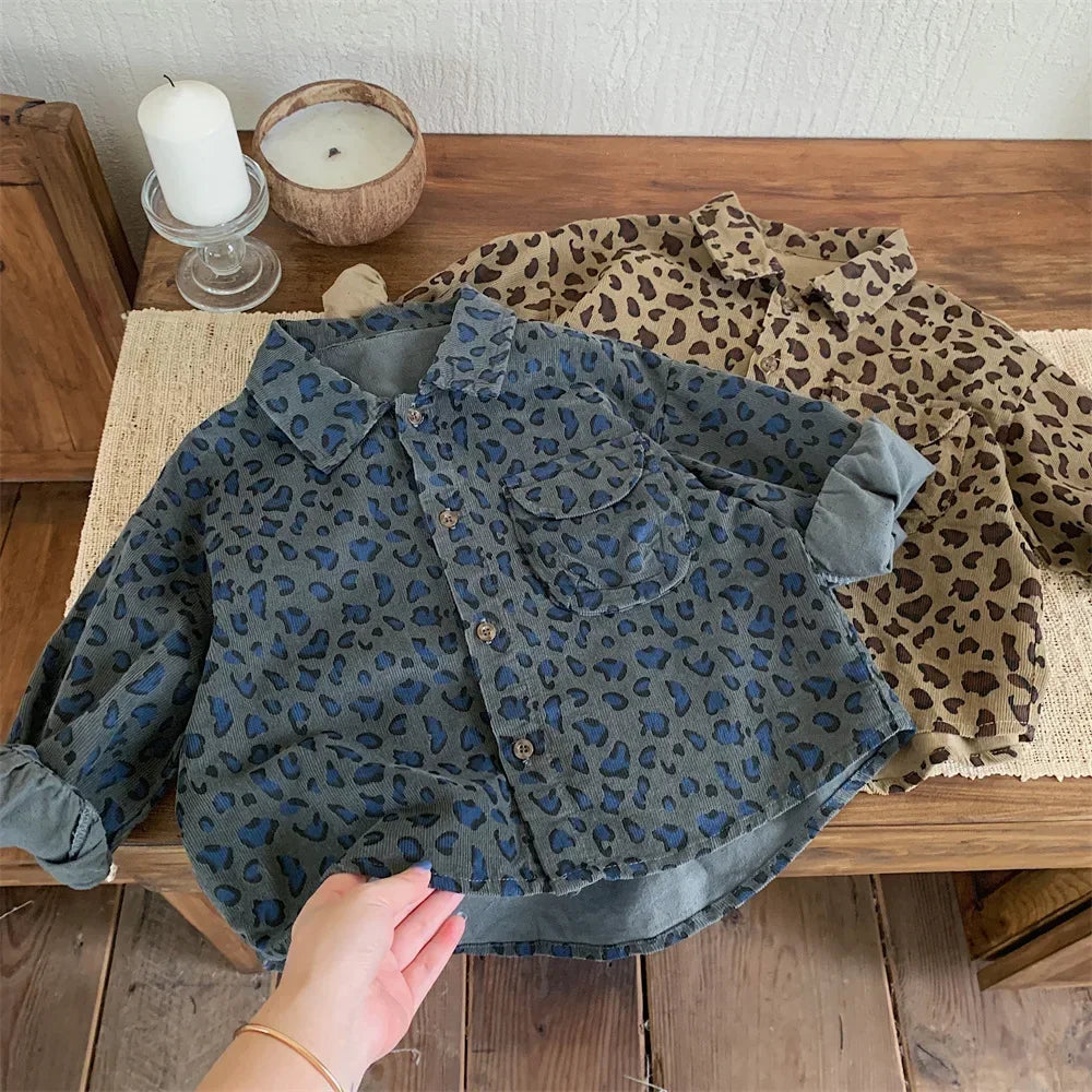 Blouses Boys Leopard Print Shirt Loose Coat Autumn New Tide Children Baby Spring Long Sleeved 2024 Fashion Simple Cool