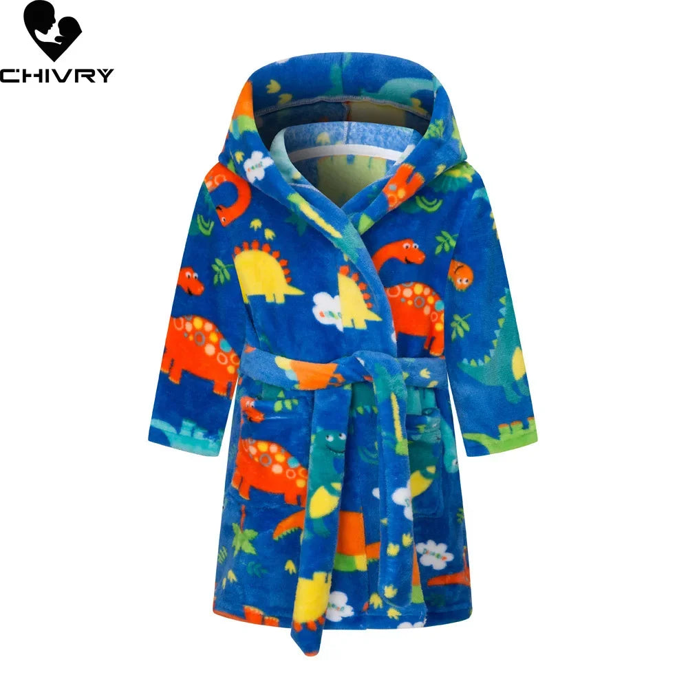 New Autumn Winter Kids Hooded Flannel Bathrobe Baby Bath Robes Boys Girls Cute Cartoon Soft Warm Pajamas Long Sleeve Towel Robe