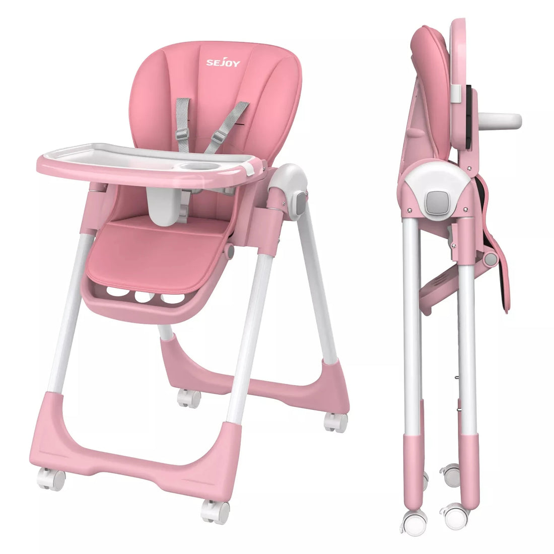 Sejoy Baby High Chair Foldable Highchair Adjustable Backrest Double Removable Tray Detachable PU Leather Cushion High Chair for