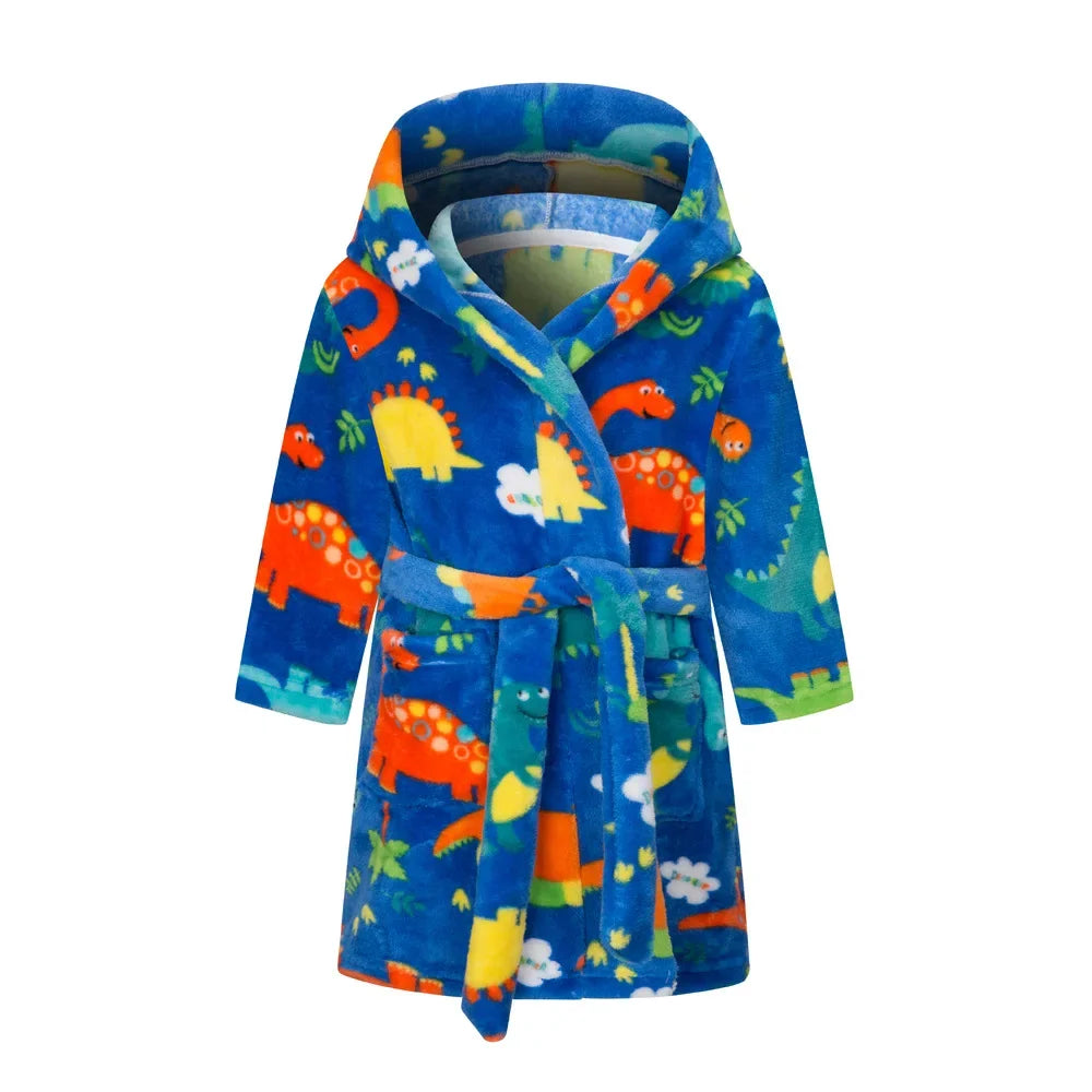 New Autumn Winter Kids Hooded Flannel Bathrobe Baby Bath Robes Boys Girls Cute Cartoon Soft Warm Pajamas Long Sleeve Towel Robe