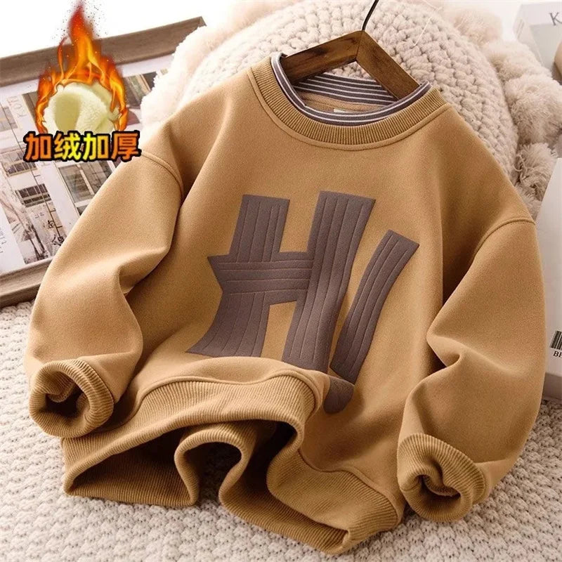 Kids Sweatshirt Boy Fleece Warm Hoodless Hoodies Letter Printed  Fashion Autumn Children's Clothing Teenagers Casual Spring Tops