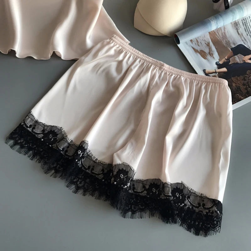 Suspenders pajama Women's Summer Sexy Ice Silk Lace Two Piece Set Home Clothes Thin Shorts V-neck Suspenders