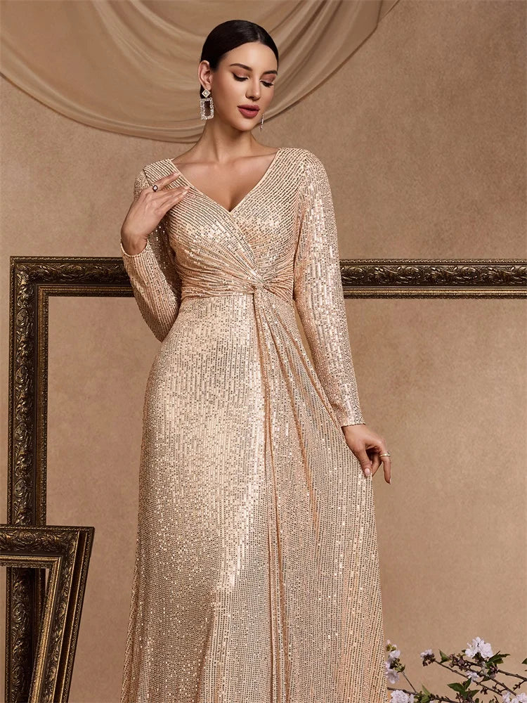 Lucyinlove Luxury Floor Length V-Neck Evening Dress 2024 Women Elegant Party Maxi Dress Sequin Long Sleeves Prom Cocktail Dress