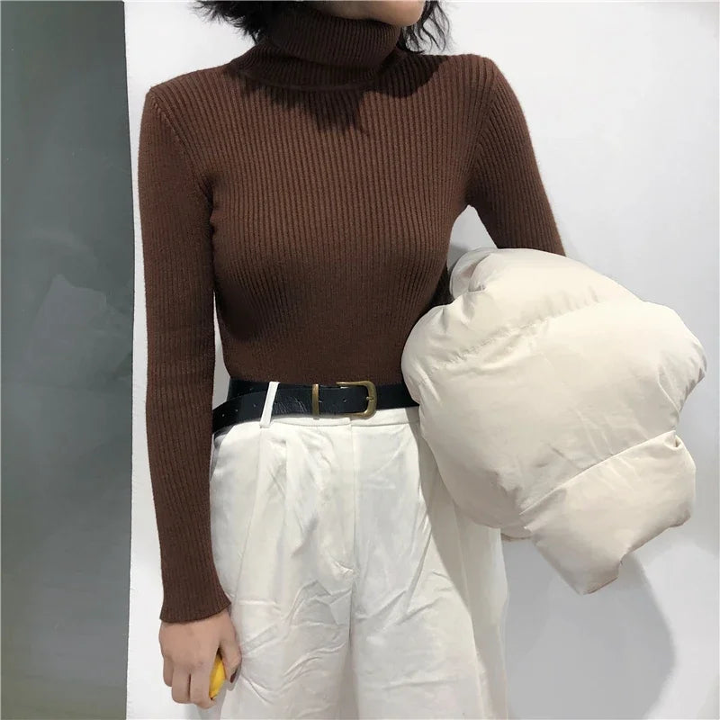 2024 Autumn Winter Thick Sweater Women Knitted Ribbed Pullover Sweater Long Sleeve Turtleneck Slim Jumper Soft Warm Pull Femme