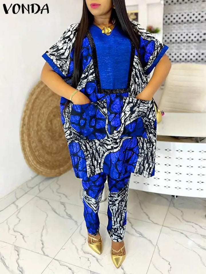 Plus Size 5XL VONDA Women Pants Sets 2024 Elegant Matching Sets Short Sleeve Print Blouse Trousers Sets 2024 Casual Baggy Suits