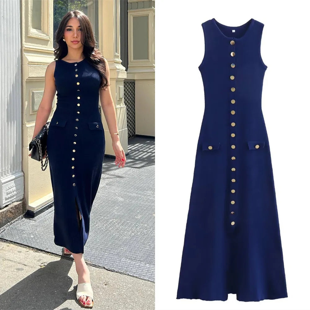 Ladies Elegant Single Breasted Knitted Long Summer Dress Women O Neck Sleeveless Sweater Knited Dress Chic Commute Robes Female