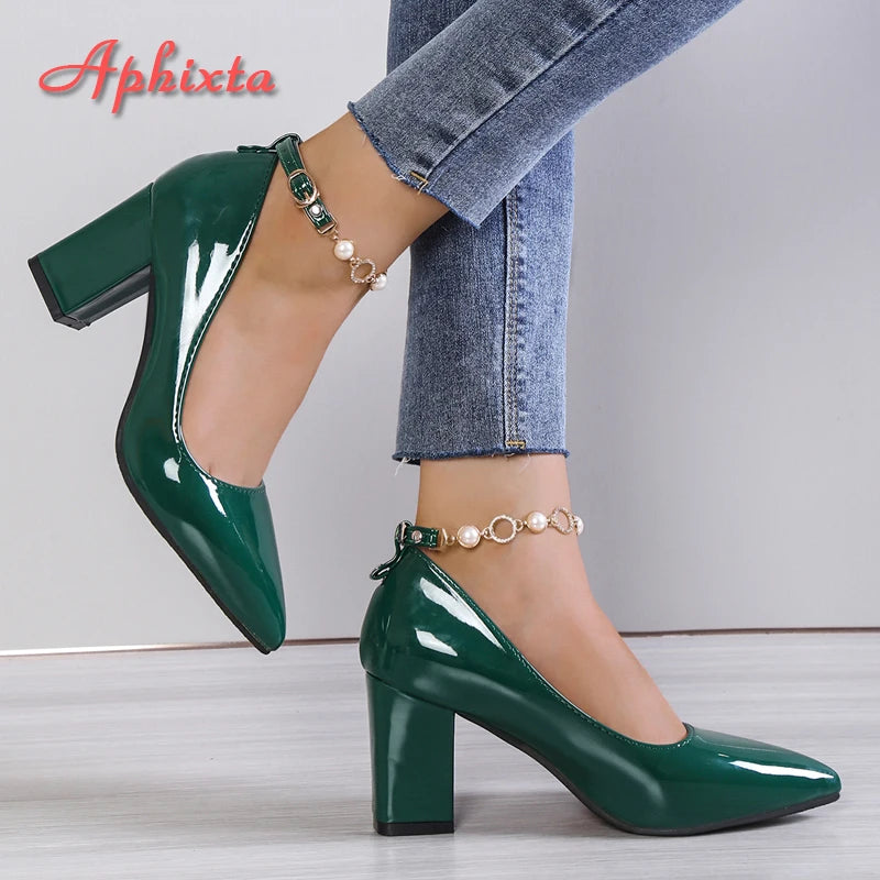 Aphixta 2024New Luxury Rhinestone Pearl Chain 7cm Chunky Heels Pumps Women Shoes String Bead Pointed Toe Bling Crystals Pumps