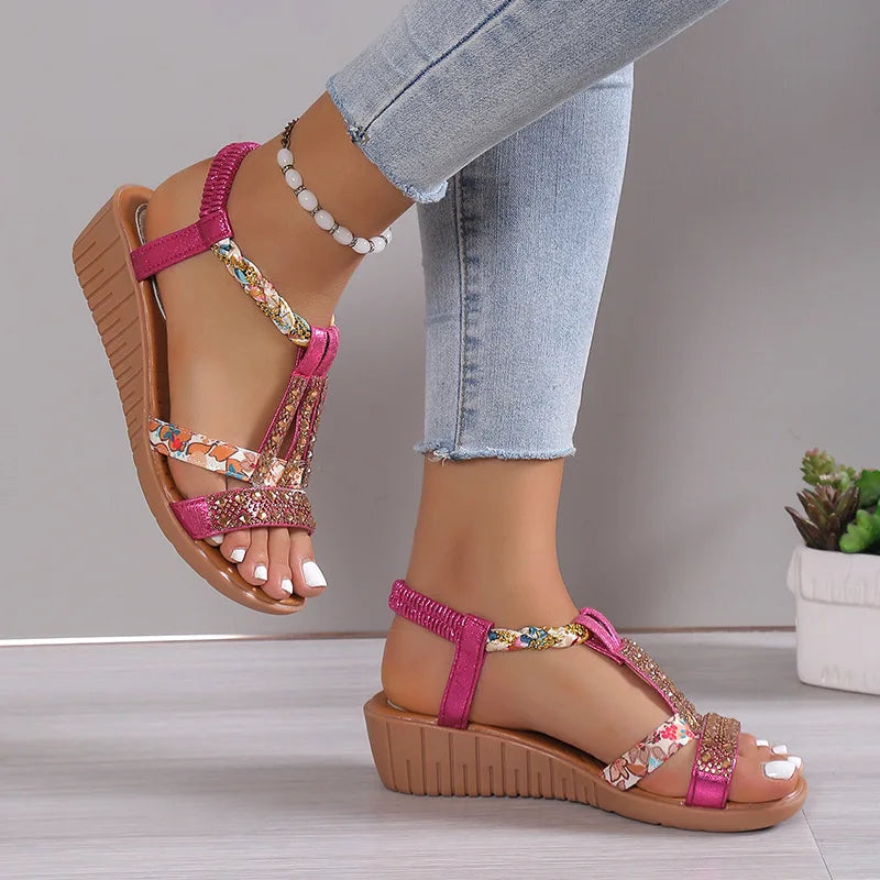 Shoes for Women Summer Women Wedge Bohemia Rhinestones Casual Platform Sandals Female Peep Toe Outdoor Beach Shoes 34-43