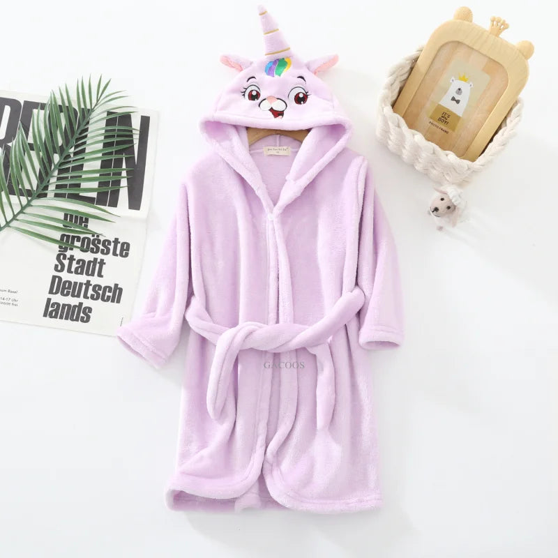 New Autumn Winter Kids Hooded Flannel Bathrobe Baby Bath Robes Boys Girls Cute Cartoon Soft Warm Pajamas Long Sleeve Towel Robe