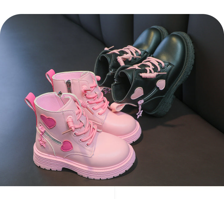 Girls Boots Kids Fashion Rubber Boots Cool Girl Autumn and Winter Cotton Soft Sole Pink with Love Side Zip Princess Round-toe PU