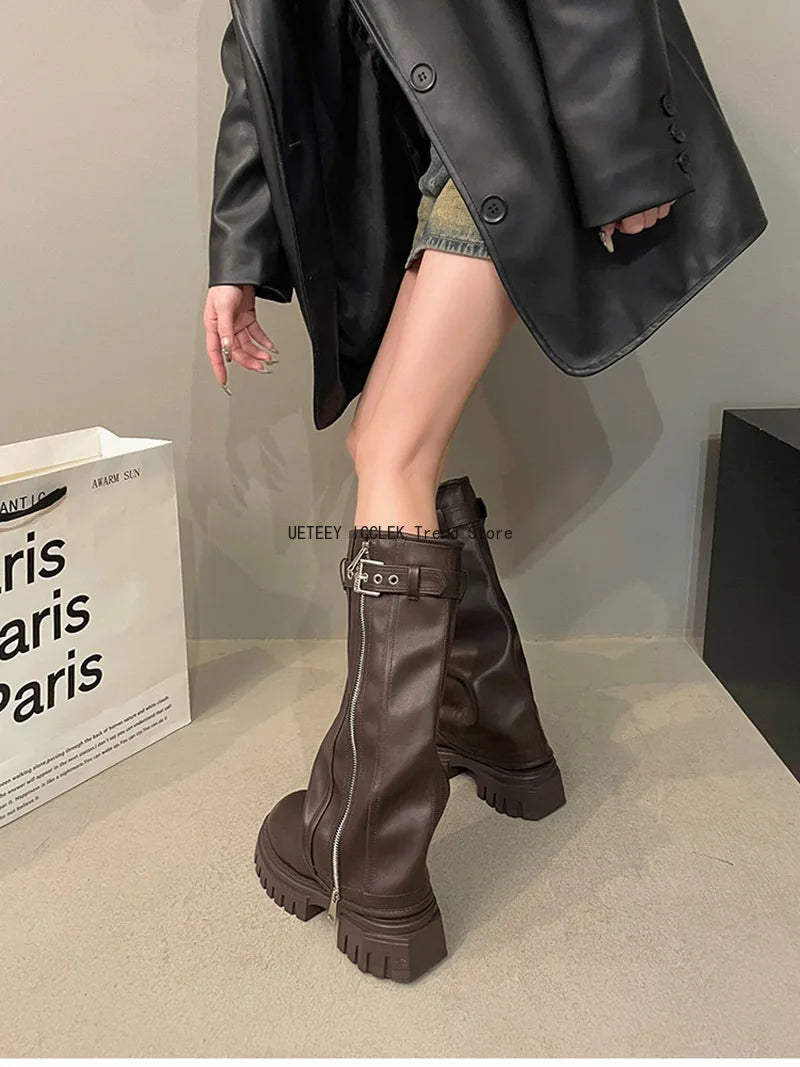 Winter Women Biker Boots Fashion Belt Buckle Ladies Elegant Platform Long Pipe Booties Casual Women's Knee High Booties