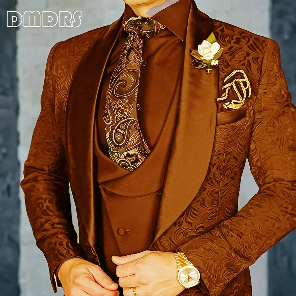 DMDRS | Jacquard Men's 3-piece Suit Set Formal Party Dress Groom's Tuxedo High Quality Elegant Men's Customized Outfit