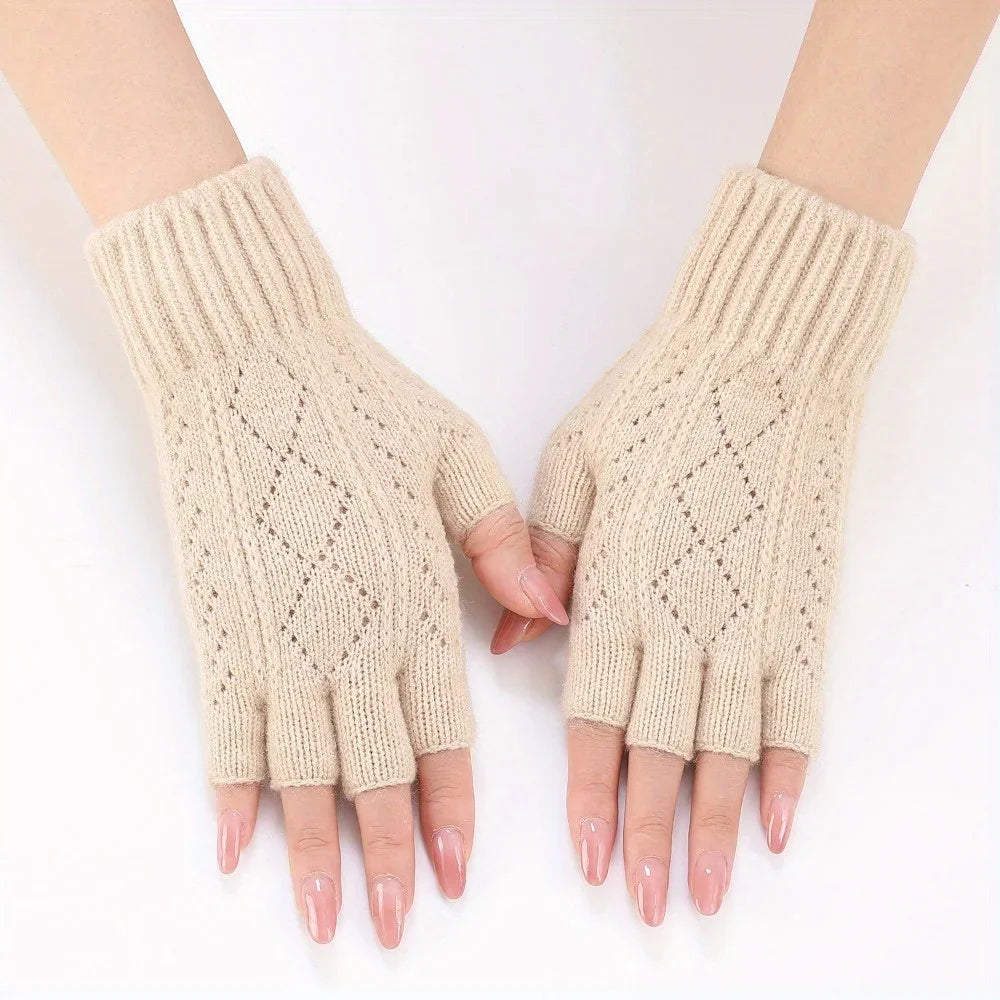 Mink Fleece Soft Winter Half Finger Gloves Women Warm Luxury Solid White Plush Knitted Fingerless Gloves Wrist Mittens Writting