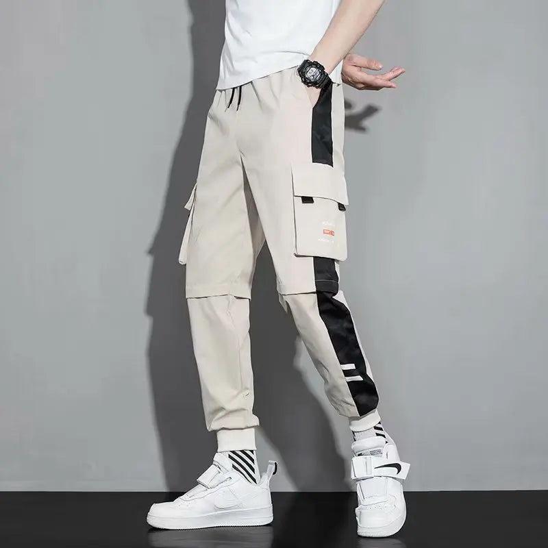 Men's Cargo Pants Casual Hip Hop Hit Color Multiple Pockets Trousers Streetwear Ribbons Techwear Sweatpants