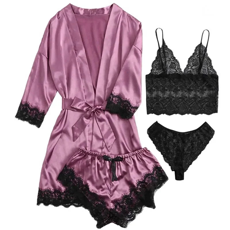 4 Pieces Woman Sleepwear Pajamas Ser With Robe Sexy Lace Lingerie Bathrobe Silk Satin Home Clothed Nightwear Robe