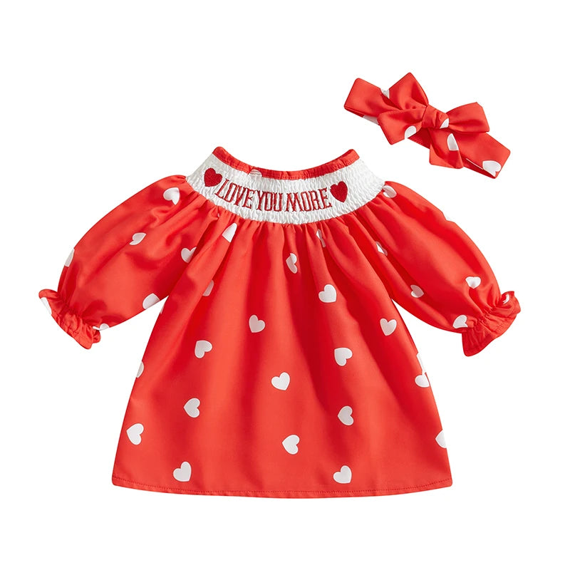 Suefunskry Baby Girl Valentine’s Day Dress Long Sleeve Round Neck Heart Embroidery Dress with Headband Set