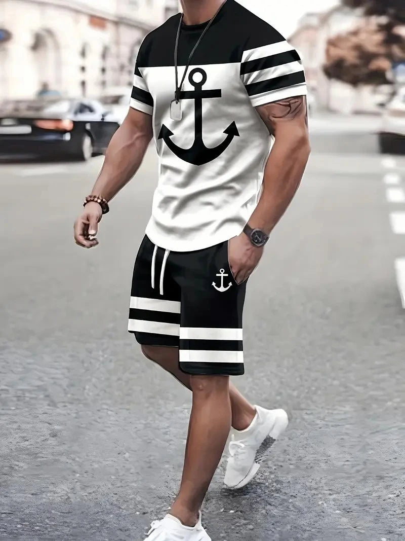 2025 New Men's Casual Fashion Suit Men's Trend Sportswear Suit Quick-drying Sportswear Short-sleeved T-shirt + Shorts Two-piece