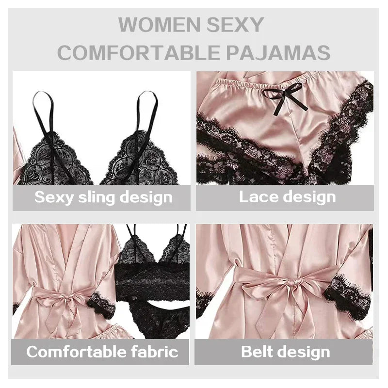 4 Pieces Woman Sleepwear Pajamas Ser With Robe Sexy Lace Lingerie Bathrobe Silk Satin Home Clothed Nightwear Robe