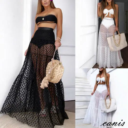 Women Summer Bikini Cover Ups Polka Dot Mesh Sheer High Waist Long Skirt See Through Beach Tulle Wrap Skirt Swimwear Swimsuit