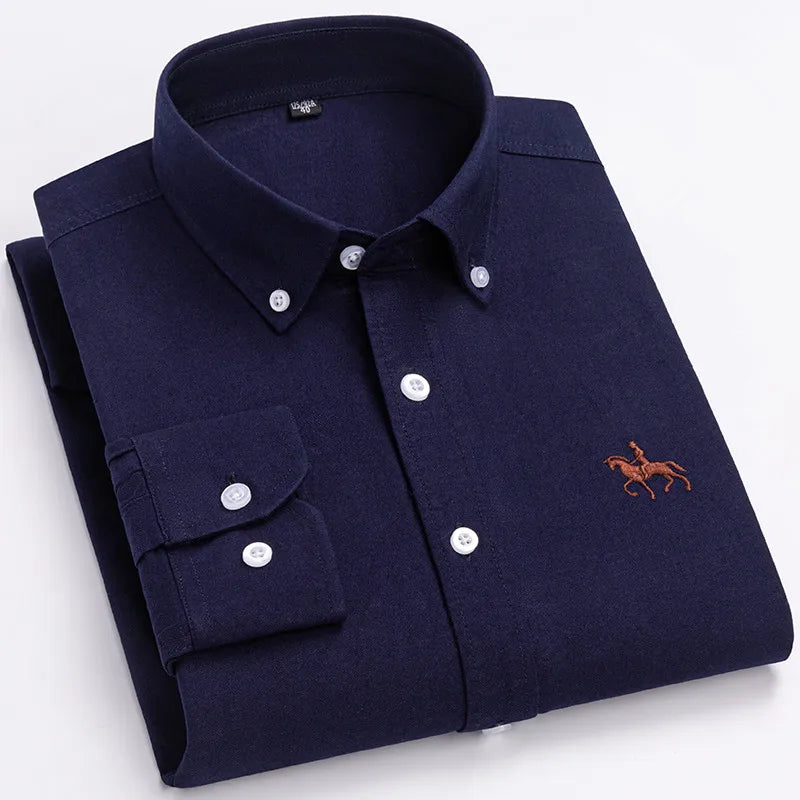 2024 100% Cotton Oxford Man Leisure Embroidered Horse Shirts Streetwear Oversized Men Shirt Floral Long Sleeve Casual Plus Size