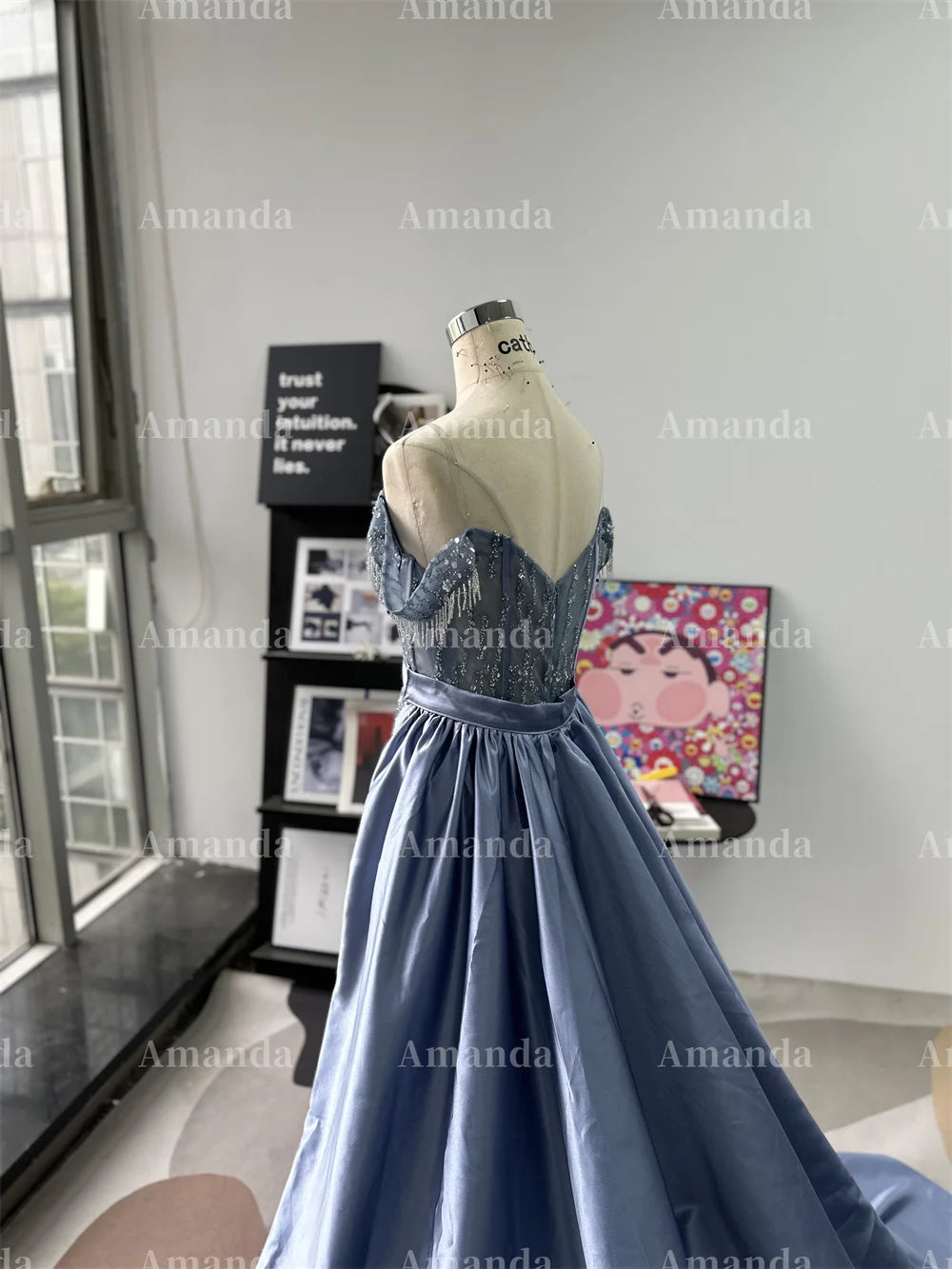 Amanda Customized Sexy Blue Off the Shoulder Vestido De Novia Detachable Train Prom Dress Side Split Trumpet Evening Dress