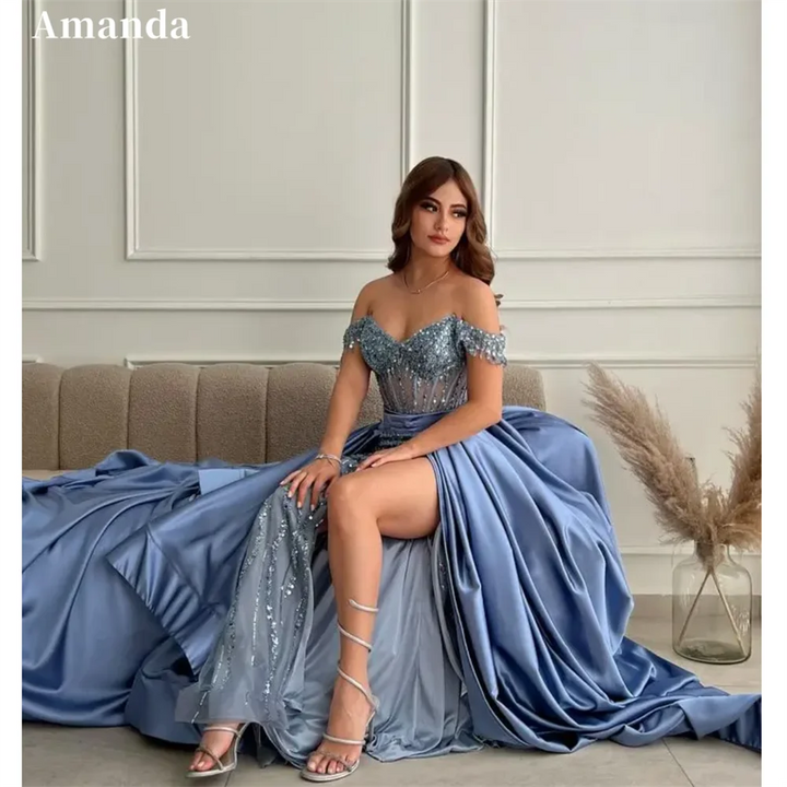 Amanda Customized Sexy Blue Off the Shoulder Vestido De Novia Detachable Train Prom Dress Side Split Trumpet Evening Dress