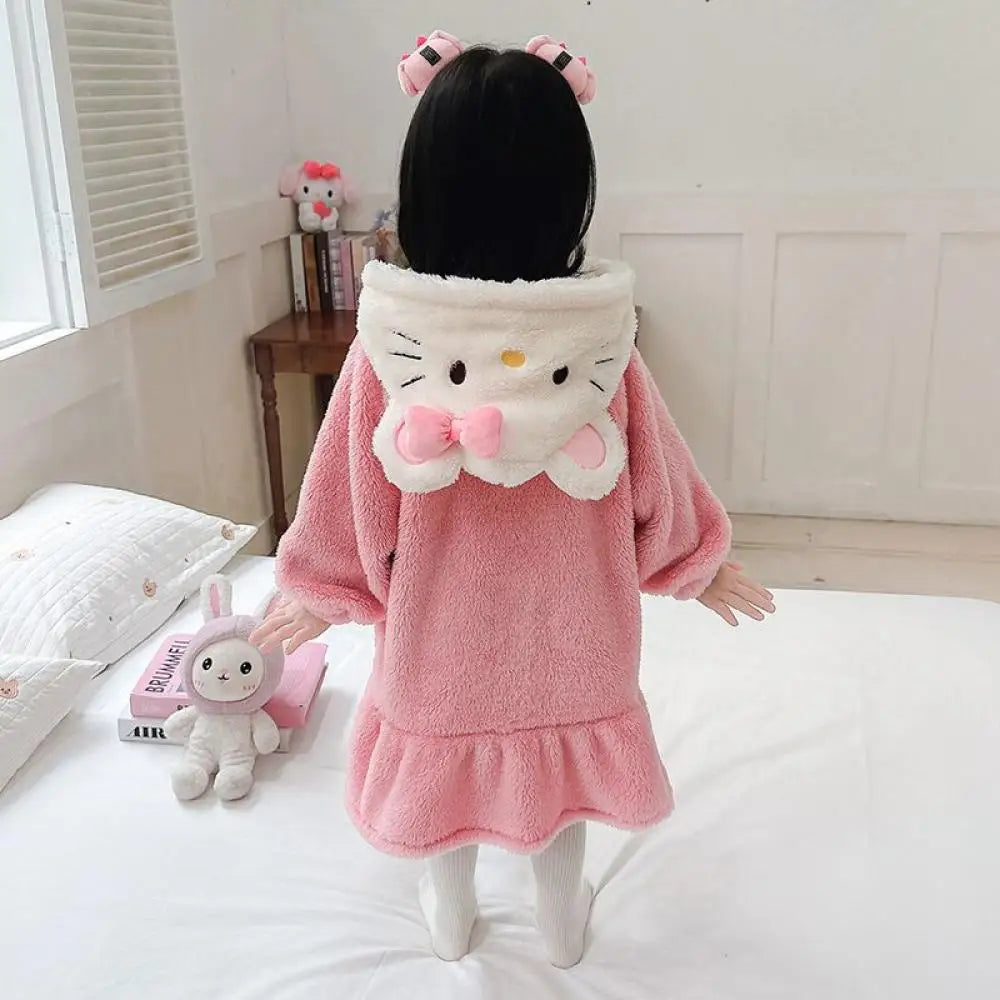 Sanrio Hello Kitty Girls Pajamas Flannel Homewear Kawaii Cinnamoroll Autumn Winter Kids Loungewear Nightdress Sleepwear Robes