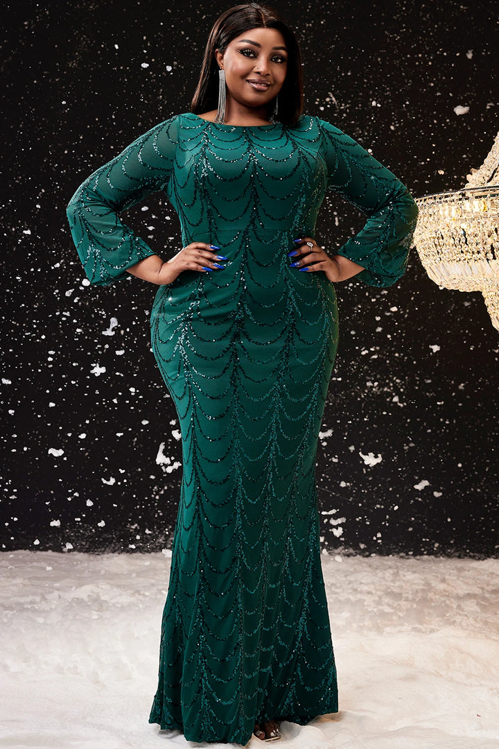 Women's Elegant Plus Size Evening Dress Green Round Neck Long Sleeve Glitter Sequins  Cocktail Wedding Guest Mermaid Maxi Dress