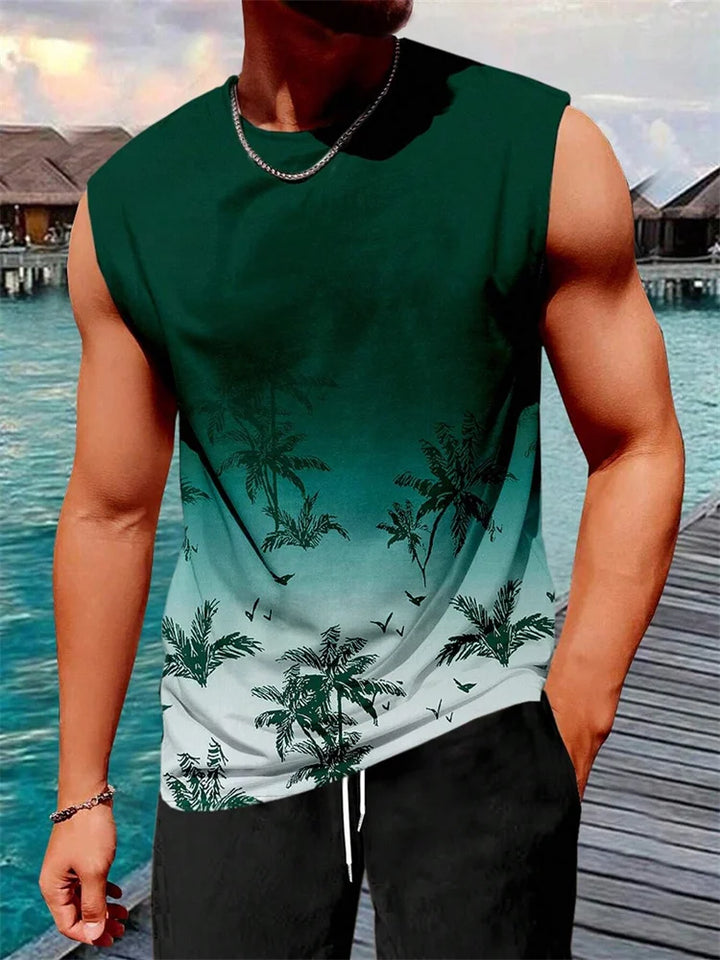 Stylish Men's Vacation Hawaiian Vest Gradient Coconut Print Casual Yacht Party Vest Plus Size Mens Resort Breathable T-Shirt Top