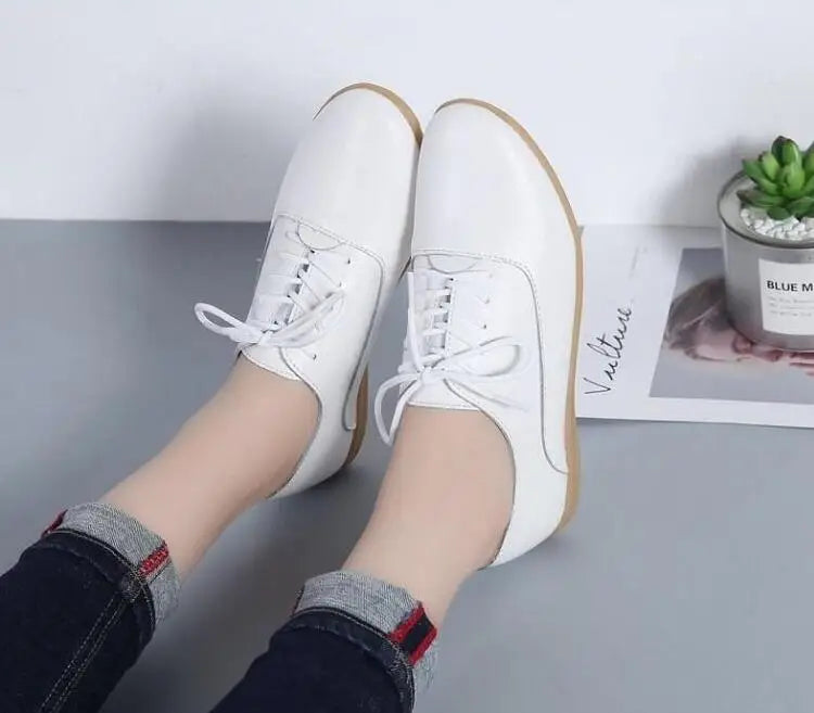 2024 New Spring Women Oxford Shoes Ballerina Flats Shoes Women Genuine Leather Shoes Moccasins Lace Up Loafers White Shoes 36-41