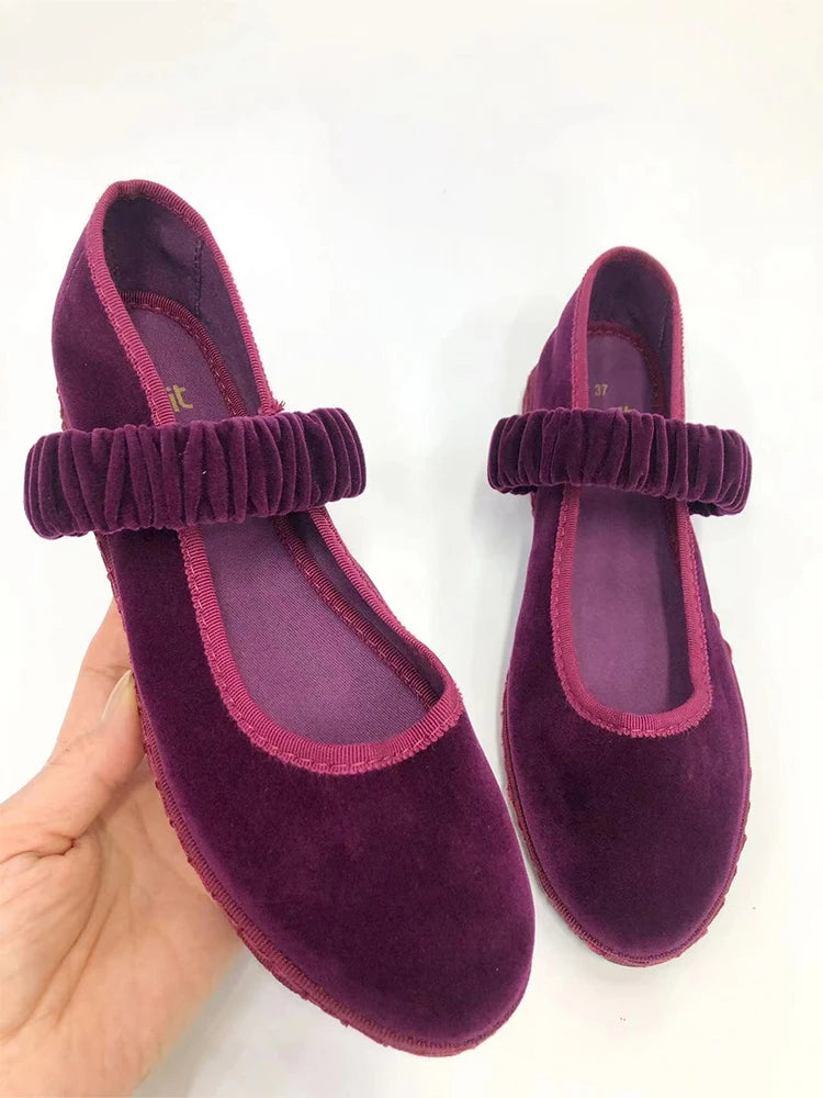 Elastic Band Velvet Mary Janes Ballet Flats Shoes Women 2024 Trend Solid Color Fabric Canvas Shoes Ladies Elegant Loafers Black