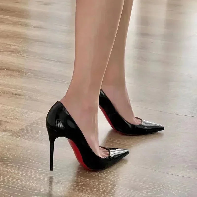 Black Patent Leather Pointed Toe Red Rubber Sole Women's High Heels Party Shoes Sexy Women's Dress Stilettos 2025