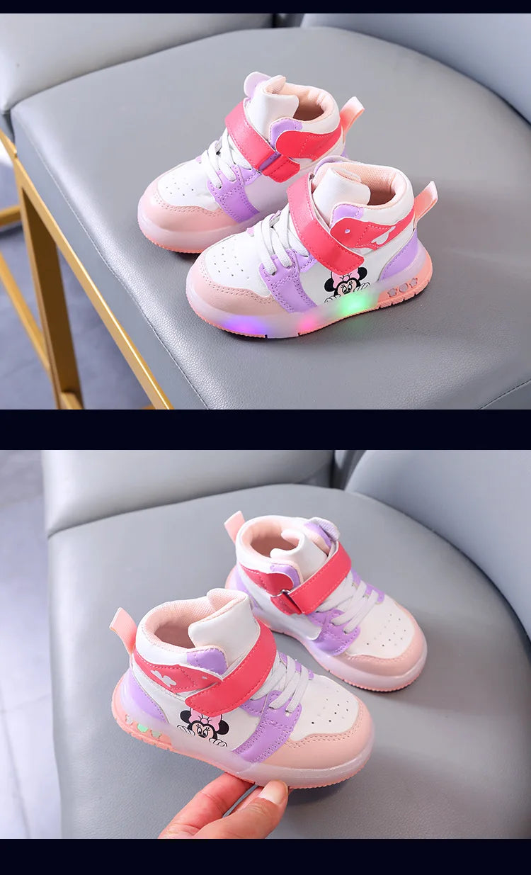 Disney Children's Sneakers Boys Girls Mickey Led Light Sport Shoes Student Shoes Hook Anti-slip Kids Outdoor Shoes Basket Shoes