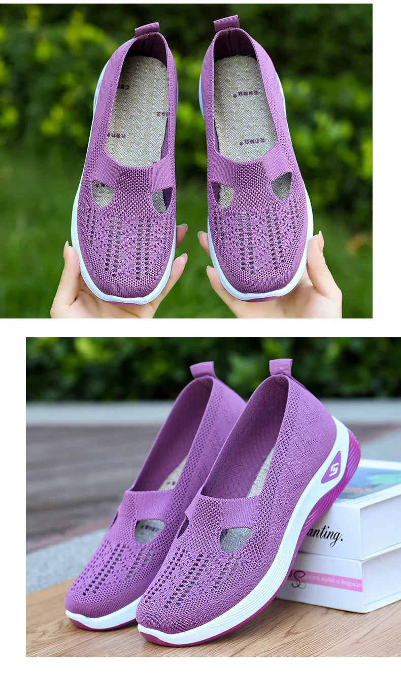 Women's New Summer Shoes Mesh Breathable Sneakers Light Slip on Flat Platform Casual Shoes Ladies Anti-slip Walking Woven Shoes