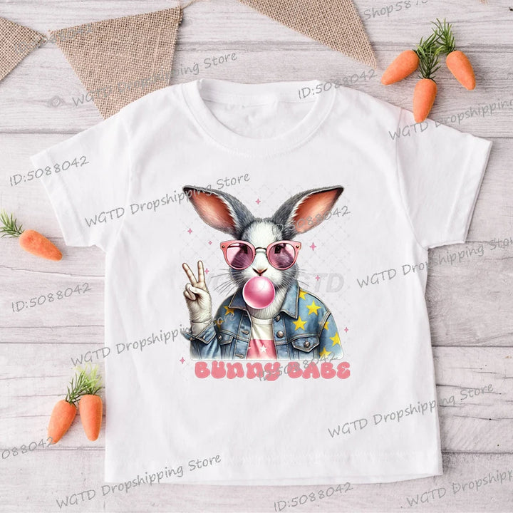 Bunny Babe Kids T-shirts Funny Rabbit Blowing Bubble Print T Shirts Vintage Fashion Short Sleeve Tops Boys Girls Easter Tshirt