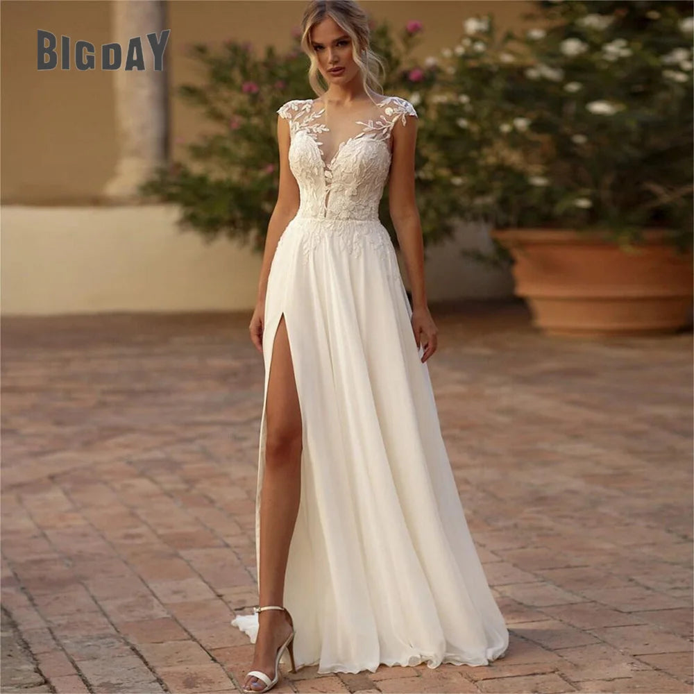 Elegant Boho Lace Wedding Dress Chiffon O-Neck Illusion Back Side Split Applique Bridal Party Gown Vestidos De Novia Customized