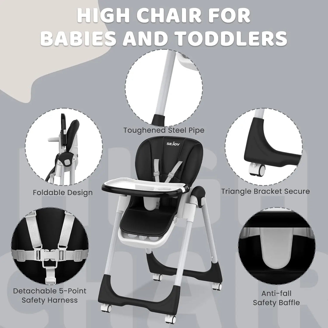 SEJOY Baby High Chair Ajustable Backrest And Pedals Design, Sturdy Metal Material, Foldable Multifunctional Baby Dining Chair