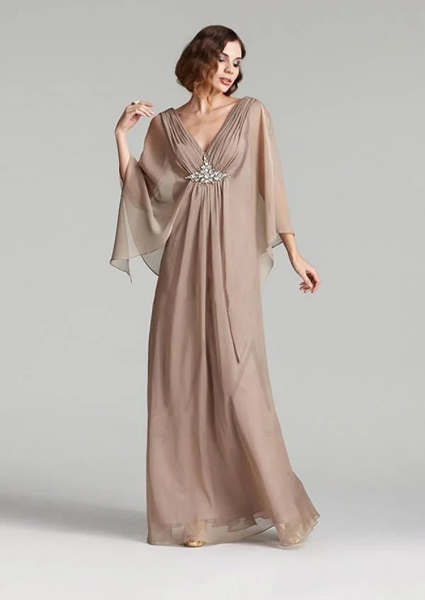 Champagne Long Mother Of The Bride Dress V Neck Silk Crystal With Cape Cheap Wedding Banquet Ceremony Evening Prom Mother Gowns