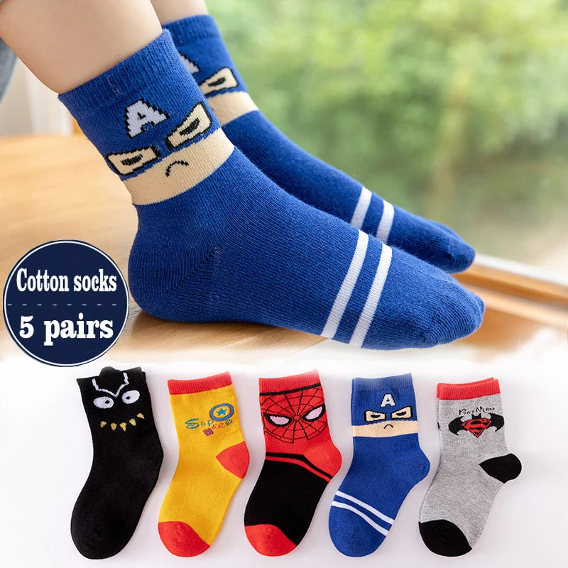 5 Pairs Children Sock Medium Length Anime Cartoon Comfort Warm High Quality Kids Baby Socks Boy Spiderman Socks Four Seasons